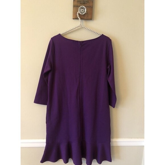 Lands End Petite Womens 10P Purple Shift Dress Ruffle Hem 3/4 Sleeve Pockets - Picture 4 of 8
